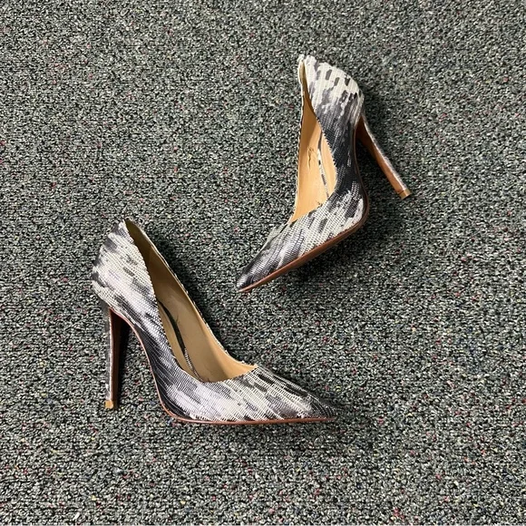 SCHUTZ Grey Black White Metallic Leather Snakeskin Print Pumps Stiletto Heel 6.5 - Picture 4 of 16